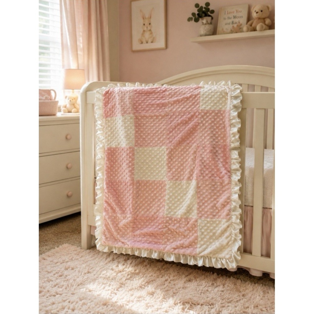 Vintage Small Wonders Kmart Pink White Minky Squares Satin Ruffle Baby Blanket